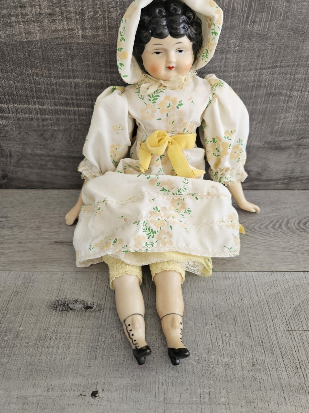 Antique China Head Doll 18" Molded Black Hair Bisque Porcelain Yellow Floral
